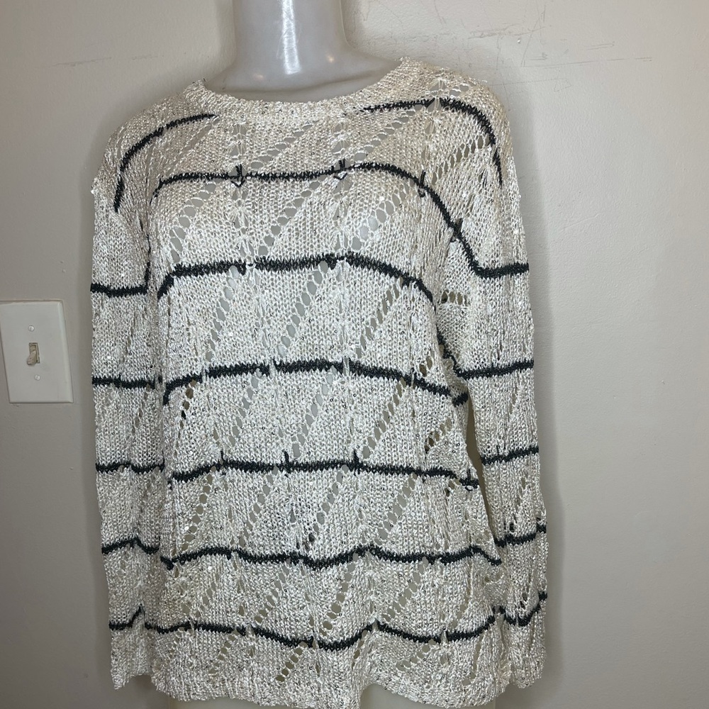 Charming Charlie Cream Black Striped Open Pointelle Knit Sequin Sweater S